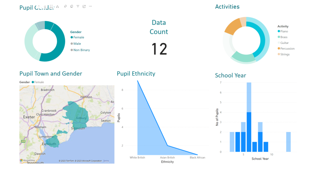BI reporting tool Data dashboard displaying pupils in tuition at a fictitious music service. Information relates to just female pupils including pupil activity, pupil year, ethnicity, location, and gender.
