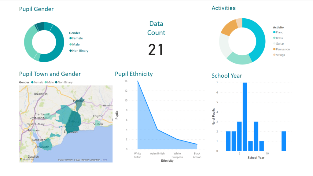 A BI reporting tool dashboard showing the activities pupils are in, their year groups, ethnicities, genders and location.